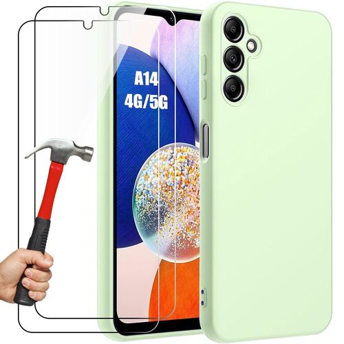 Coque Et 2 Verres Trempés Pour Samsung Galaxy A14 4g/5g - Protection Silicone Liquide Ultra Slim Vert - Booling