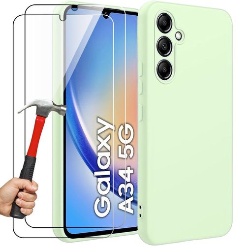 Coque Pour Samsung Galaxy A34 5g - Protection Silicone Liquide Ultra Slim Vert + 2 Verres Trempés - Booling