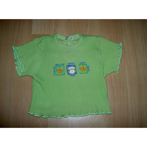 T-Shirt Vert Clair Motif Chaton Et Fleurs Sur Poitrine Natalys Taille 18 Mois