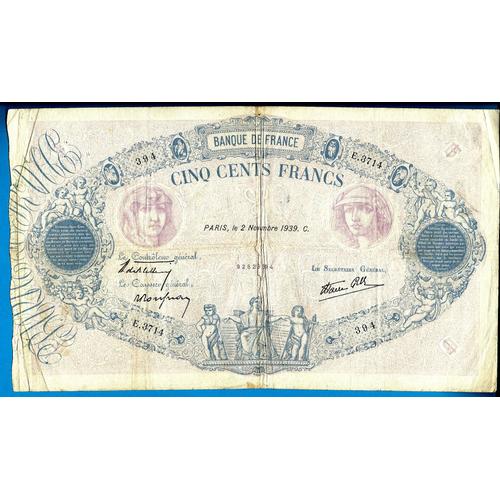 Billet  Français De 500 Frs "Bleu Et Rose".1928