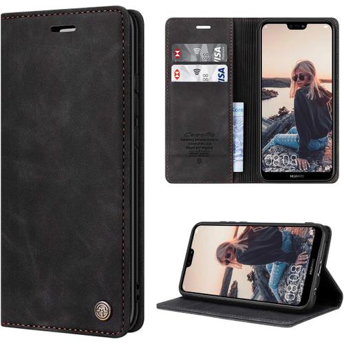 Pour Coque Huawei P20 Lite Cuir Etui Huawei P20 Lite Housse Premium Pu Portefeuille [Magnétique] [Porte Cartes] [Stand Fonction] Protection Coque Rabat Huawei P20 Lite - Noir