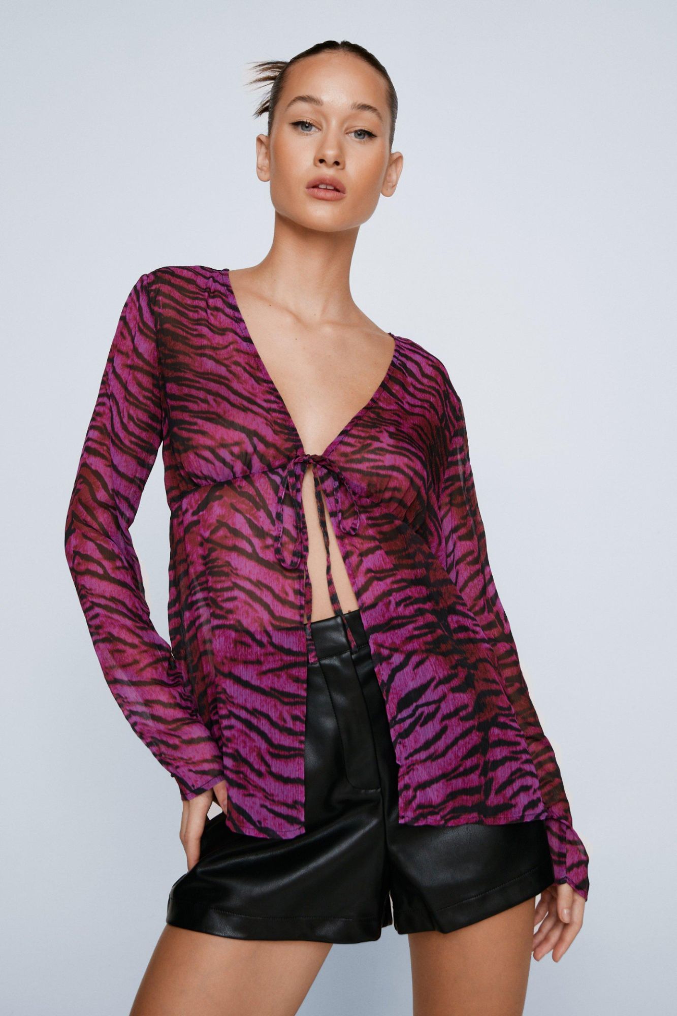 Blouse Imprimé Léopard À Lacets - Violet - 36