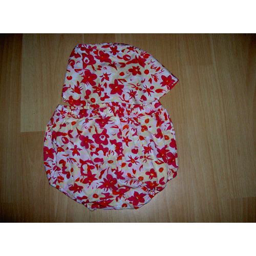 Ensemble Short Et Bandana Rouge Orange Et Jaune Motif Fleurs Tex Baby Taille 2 Ans (24 Mois)