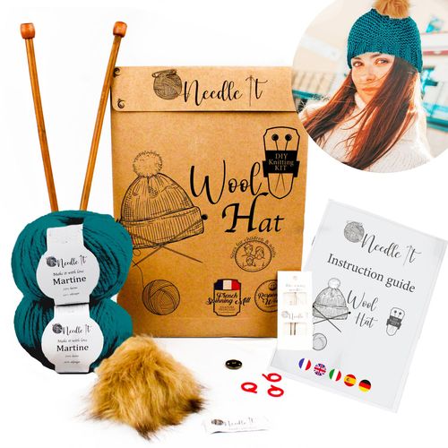 Needle It® Kit Tricot Bonnet Complet Vert - Bonnet En Laine À Tricoter Soi-Même Pour Enfant Et Adulte - Kit Complet Aiguilles, Pelotes Laine Française Notice