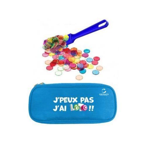 Pack Accessoires Soiree Loto Bingo : Trousse Rangement Bleu + Baton Magnetique + 100 Pions Multicolores - Set Joueur Et Carte