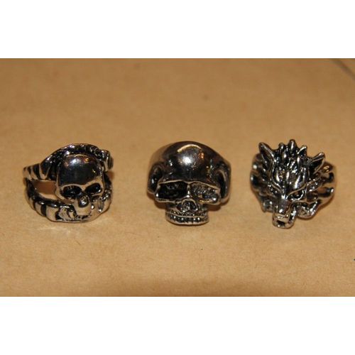 Lot De Bague Matière Métal Couleur Argenté Gothique Tete Mort  (3 Pièce) Cosplay Déguisement