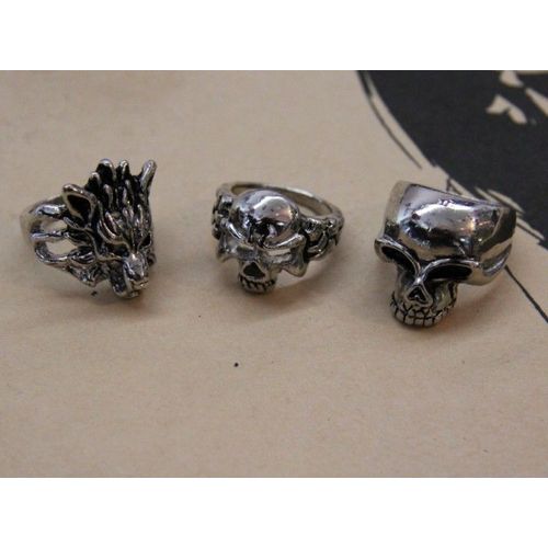 Lot De Bague Matière Métal Couleur Argenté Gothique Tete Mort  (3 Pièce) Cosplay Déguisement