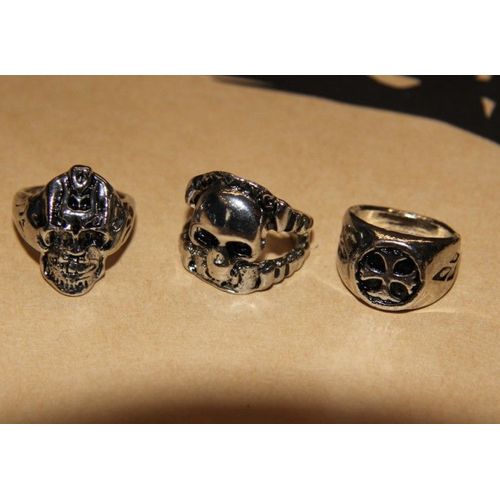 Lot De Bague Matière Métal Couleur Argenté Gothique Tete Mort  (3 Pièce) Cosplay Déguisement