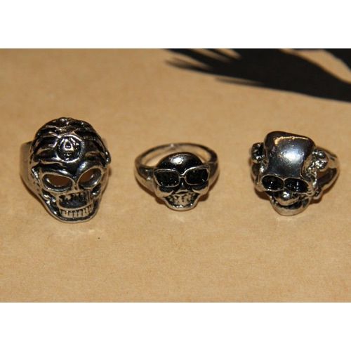 Lot De Bague Matière Métal Couleur Argenté Gothique Tete Mort  (3 Pièce) Cosplay Déguisement