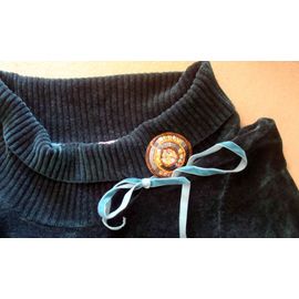 Pull Promod Imitation Chenille À Col Roulé Large Orné Noeud + Broche Couleur Bleu Vert