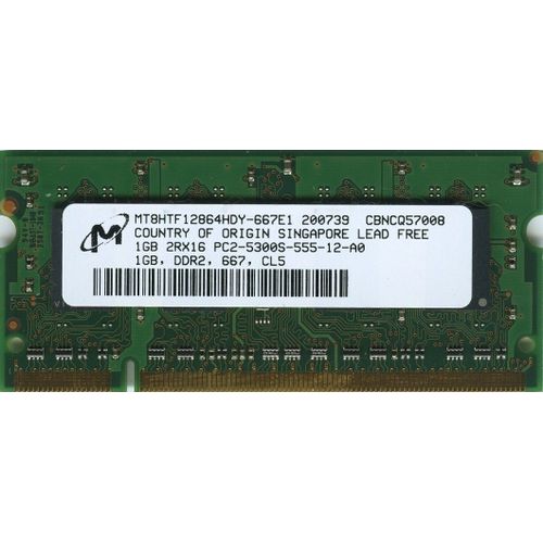 Mémoire Micron 1 Go - SO DIMM 200 broches - DDR2 - PC2-5300 667 MHz - non-ECC Unbuffered CL5 (MT8HTF12864HDY-667E1)