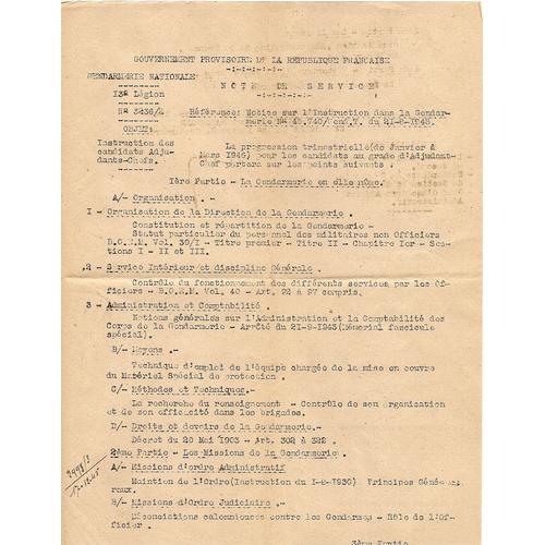 Note De Service Gendarmerie - Gouvernement Provisoire République Francaise 1945