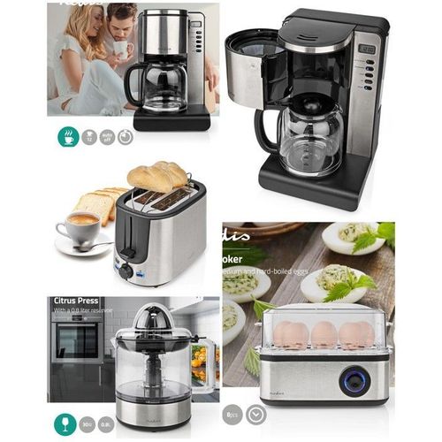 Cafetière Programmable1.5l 12 Tasses Inox Grille-Pain Inox + Cuiseur À Oeufs Pack Déjeuner + Presse-Agrumes Électriques