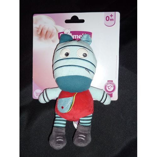 Doudou "Pommette", Peluche Zèbre, 21 Cm, Bleu Rouge, Bottes, Sac Brodé