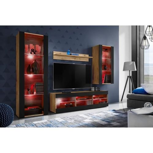 Meuble Tv Tivoli Set Medio Komodee - Led Rgb - Noir Mat & Bois Naturel - L 195cm X H 159cm X P35cm