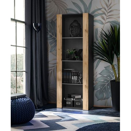 Vitrine Armoire Komodee Tivoli - Sans Led - Bois Naturel Et Noir - 55 X 159 X 35 Cm