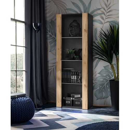 Vitrine Armoire Tivoli Komodee - Sans Led - Bois Naturel Mat & Noir - L55cm X H159cm X P35cm