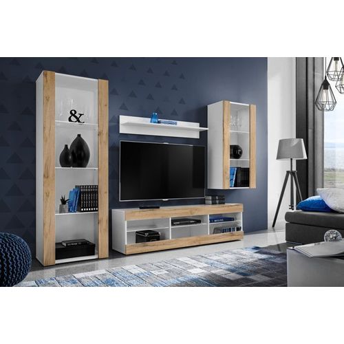 Meuble Tv Tivoli Set Medio Komodee - Sans Led - Bois Naturel Mat & Blanc - L 195cm X H 159cm X P35cm