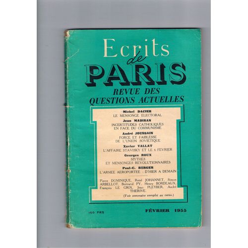 Ecrits De Paris Revue Des Questions Actuelles N° 121  Février 1955