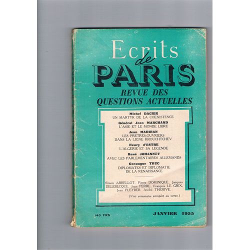 Ecrits De Paris Revue Des Questions Actuelles N° 122 Janvier 1955