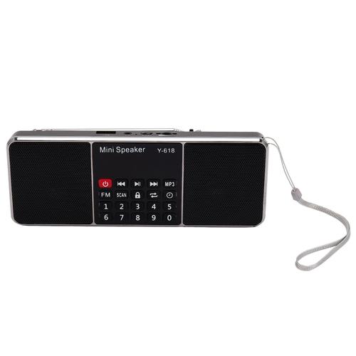 Y-618 Mini Fm Radio Digital Portable Dual 3w Stereo Speaker Mp3 Audio Player High Fidelity Sound Quality W/ 2 Inch Display Screen Support Usb Drive Tf Card Aux-In Earphone-Out