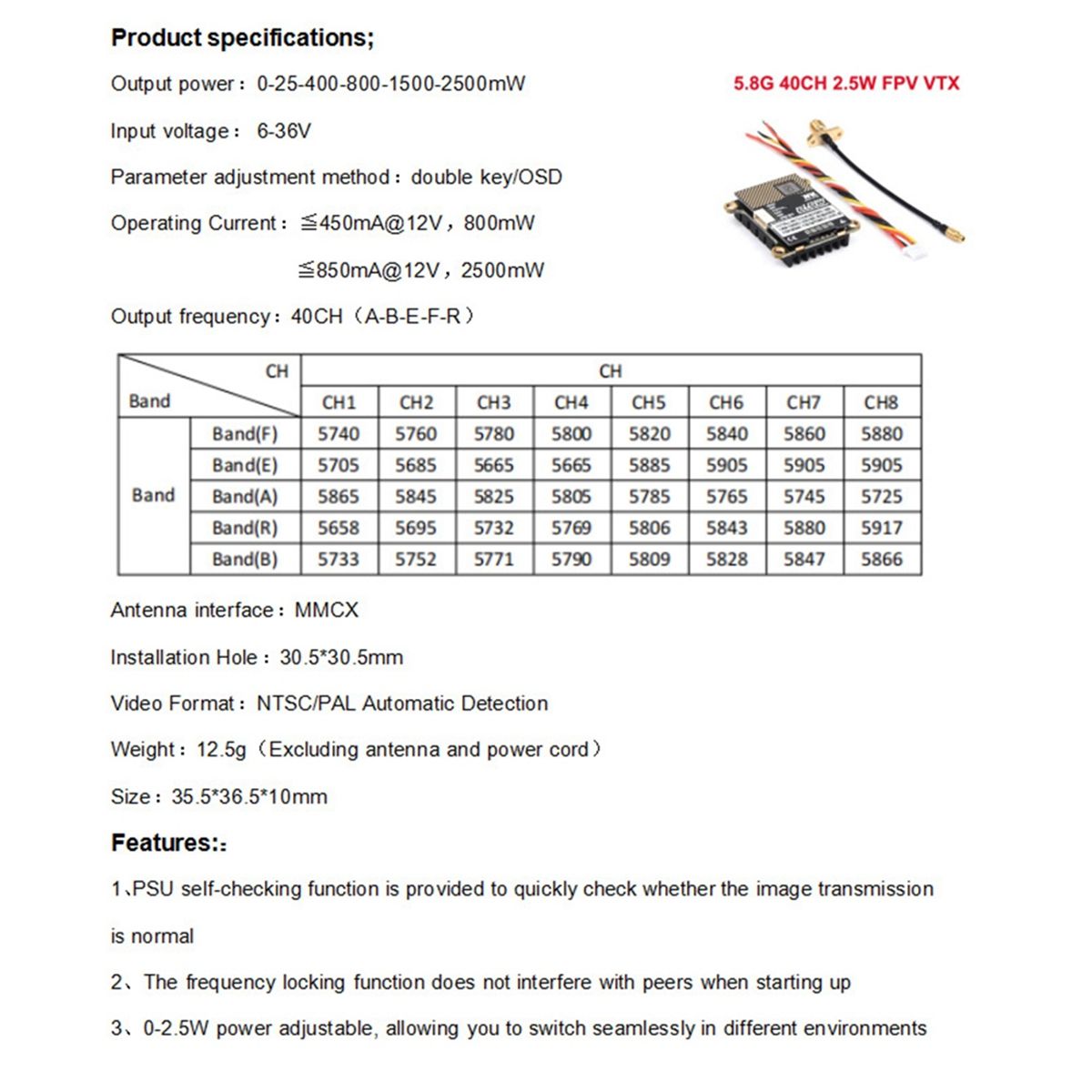 5.8g 2.5w Fpv Vtx 40ch 2500mw For Rc Fixed Wing Fpv Long Ran... - 5