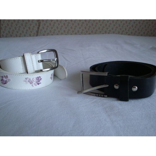Lot De 2 Ceintures Fille Noire Unie En Cuir 65 Cm Avec Boucle Métal Logg + 1 Blanche 75 Cm En Vinyl Avec Fleurs Brodées Mauve