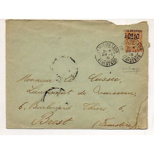 Enveloppe Avec Marque Postale "Taxe Réduite" 0f10 En Surcharge  - 2 Flammes Postale St-Pol-De-Léon 1910