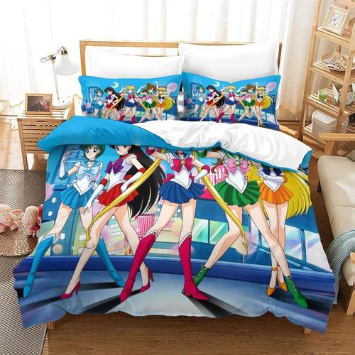 Sailor Moon Ensemble De Literie Imprim¿¿ D Ensemble De Pi¿¿Ces Housse De Couette En Microfibre Douce Avec Fermeture ¿¿Clair Cach¿¿E Taies D'oreiller Hous