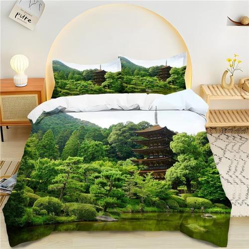 Housse De Couette X Plantes Vertes, Japon Parure De Lit Personnes Microfibre Doux Respiran Housse Couette Avec Fermeture ¿¿Clair, Ensemble De Literie Avec Taie D'oreillers X Cm