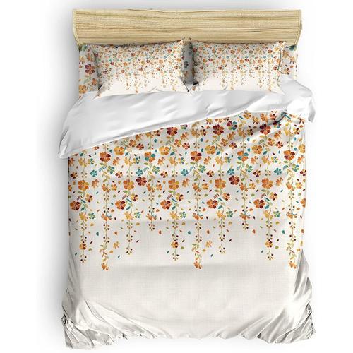 Arts Pirnt Parure De Lit Avec Housse De Couette, Drap De Lit, Taies D'oreiller, Fleurs De Cerisier Orange Bleu, Fond En Coton Et Lin Doux Pour Enfants/Adultes, Taille Queen Size