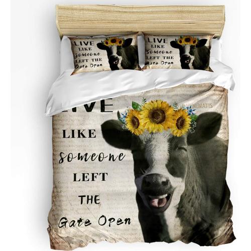 Parure De Lit Imprim¿¿E Avec Housse De Couette Et Taies D'oreiller Pour Lit King Size - La Vie Comme Quelqu'un A Laiss¿¿ La Porte Ouverte - Smile Cattle Usa Farm - Parure De Lit Douc