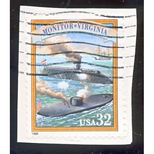 Timbre U S A, Monitor - Virginia, U S A 32 Cents, Oblitéré