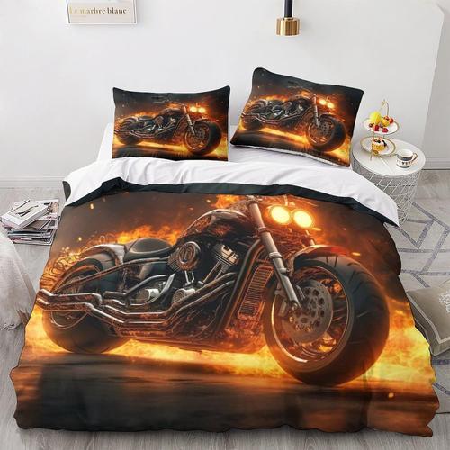 Flame Motorcycle D Imprim¿¿ Motos Housse De Couette Housse De Couette Housses De Couette Parure De Lit Pi¿¿Ces En Microfibre Pour Enfants Et Adultes Avec Taies D'oreiller Avec Fermet