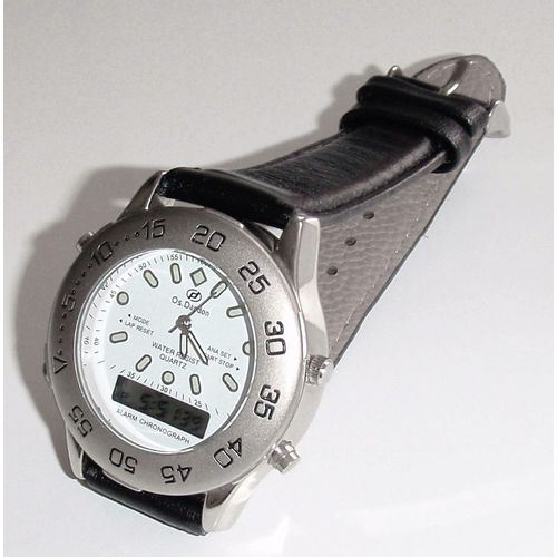 Montre Double Affichage (Analogique + Lcd) 2 Fuseaux Horaires - Chrono, Alarme... Boitier Métal Chromé + Alu - Bracelet Cuir Noir Mat -