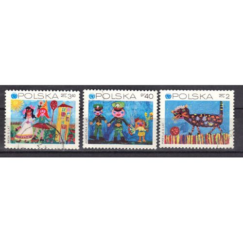 Pologne 1971 : 25è Anniversaire De La Fondation De L'unicef : Dessins D'enfants - Série De 3 Timbres Oblitérés