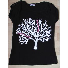 T-Shirt Noir Avec Dessin Arbre Blanc Et Rose Pimkie Emo Gothique