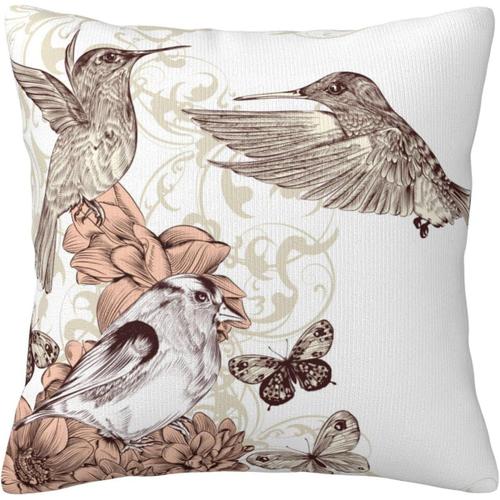 Taie D'oreiller Vintage Colibri, Papillon, Fleurs, Oiseaux Dessinés À La Main, Housse De Coussin Florale, Décoration D'intérieur Pour Salon, Canapé, Lit, 45,7 X 45,7 Cm