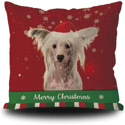 Taie D'oreiller Joyeux Noël Chiot Chinois À Crête Avec Chapeau De Père Noël Flocon De Neige Vert Rayure Rouge Hiver Housse De Coussin Décorative Pour Lit, Canapé, Lin 45,7 X 45,7 Cm Double Face