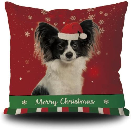 Taie D'oreiller Joyeux Noël Papillon Chien Avec Chapeau De Père Noël Flocon De Neige Vert Rouge Rayure Hiver Noël Housse De Coussin Décorative Pour Lit Canapé Canapé Lin 18x18 Pouce Double Face