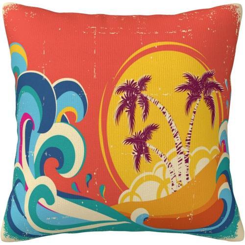 Housse De Coussin Vintage Avec Palmier Hawaïen Et Coucher De Soleil, Rétro, Plage Tropicale, Île, Vagues Géantes, Décoration D'intérieur Pour Salon, Canapé, Lit, 45,7 X 45,7 Cm