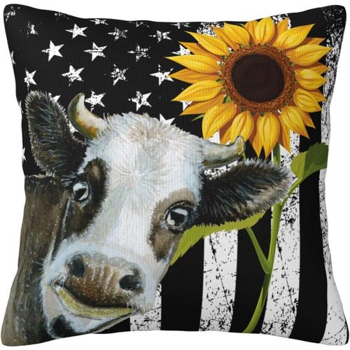 Housse De Coussin Décorative Avec Motif Tournesol, Vache, Drapeau Américain, Vintage, Drapeau Américain, Housse De Coussin Pour La Maison, Canapé, Lit, Canapé, 45,7 X 45,7 Cm