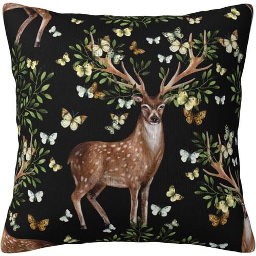 Taie D'oreiller Mignonne En Forme De Cerf Sika Et De Papillons Marron, Aquarelle, Motif Animal De La Forêt, Housse De Coussin Décorative Pour La Maison, Pour Le Salon, Le Canapé, Le Lit, 45 X 45 Cm