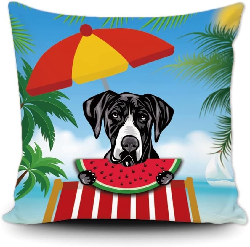 Housse De Coussin D'été En Forme De Pastèque Pour Chien, Dogue Allemand, Mignon, Palmier, Plage, Drôle, En Toile, Taie D'oreiller Carrée Pour Canapé 16 X 16