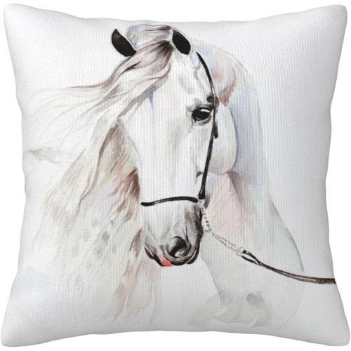 Housse De Coussin Avec Motif Cheval Blanc - Aquarelle Vive - Peinture Animale - Décoration D'intérieur Pour Salon, Canapé, Lit - 45 X 45 Cm