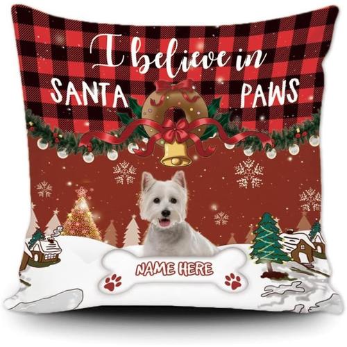 Taie D'oreiller Personnalisée Joyeux Noël Avec Chien Westie, Carreaux De Buffle, Décoration D'hiver, Housse De Coussin Pour Lit, Canapé, I Believe In Santa Paws, Toile 40,6 X 40,6 Cm, Double Face