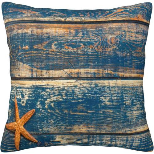 Housse De Coussin Décorative Avec Motif Étoile De Mer, Fond En Bois Bleu, Vie Marine, Planche De Bois Vintage, Housse De Coussin Pour La Maison, Canapé, Lit, Canapé, 45,7 X 45,7 Cm