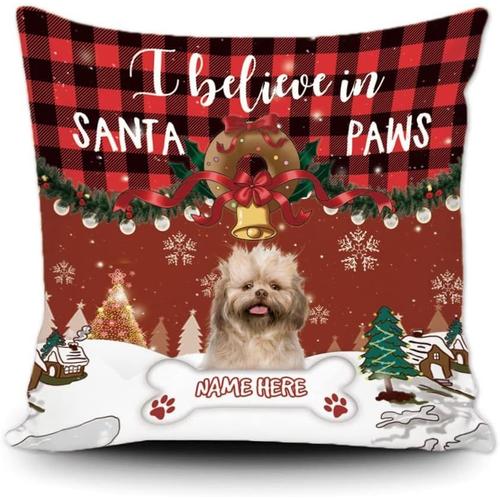 Taie D'oreiller Personnalisée Shih Tzu Dog Christmas Winter Decor À Carreaux De Buffle Pour Canapé, Chaise, I Believe In Santa Paws, Toile 45,7 X 45,7 Cm Double Face