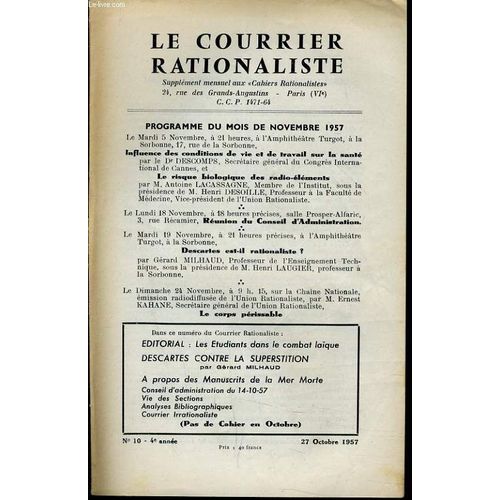 Le Courrier Rationalisten°10 (Supplément Mensuel Aux Cahiers) : Les Étudiants Dans Le Combat Laïque - Descartes Contre La Superstition - A Propos Des Manuscrits De La Mer Morte