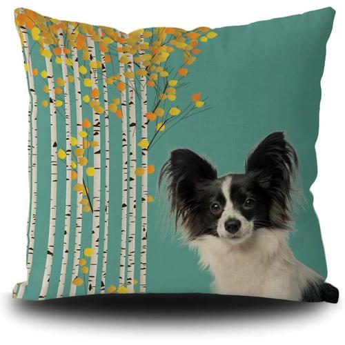 Taie D'oreiller Décorative En Forme De Chien Papillon Mignon Avec Bouleau Blanc Et Feuilles Dorées D'automne Pour Canapé-Lit 45,7 X 45,7 Cm Double Face